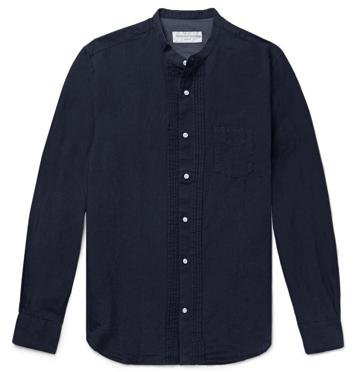 Photo: Officine Generale - Nathan Grandad-Collar Pleated Cotton and Linen-Blend Shirt - Men - Midnight blue