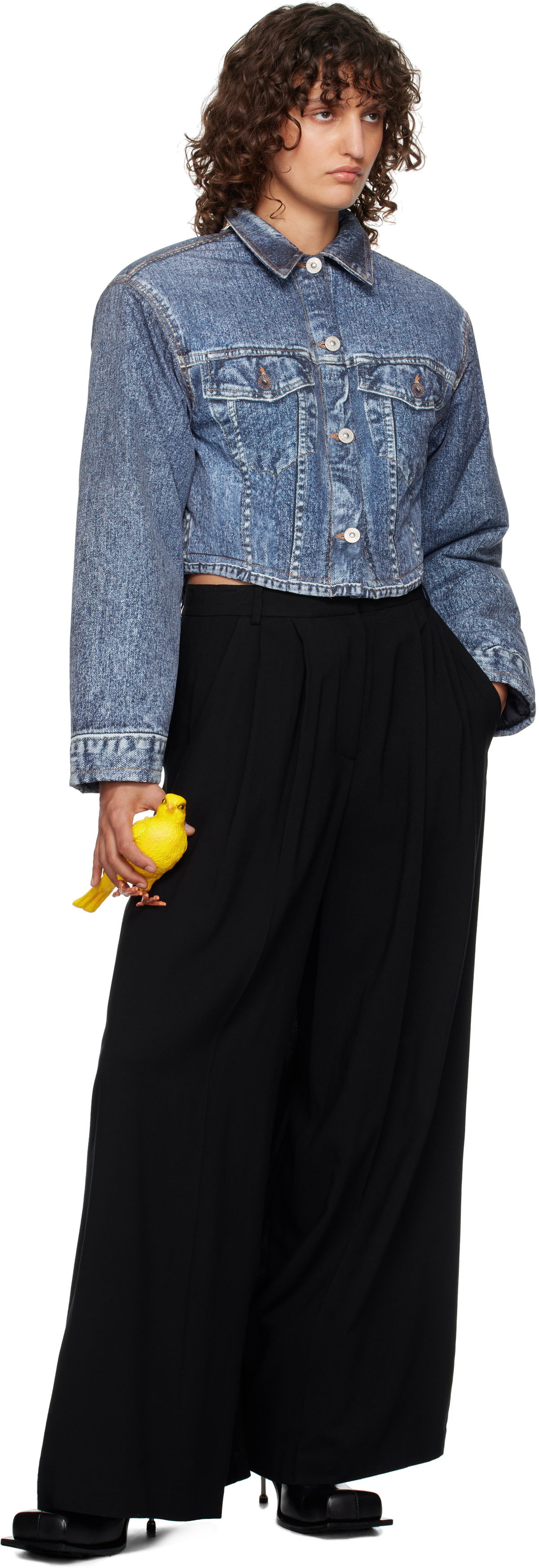 Pushbutton Blue Denim Print Cropped Jacket