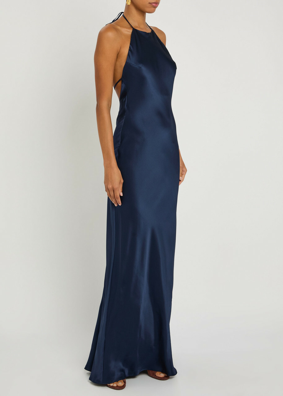 Reformation Jeany Halterneck Silk Gown Navy