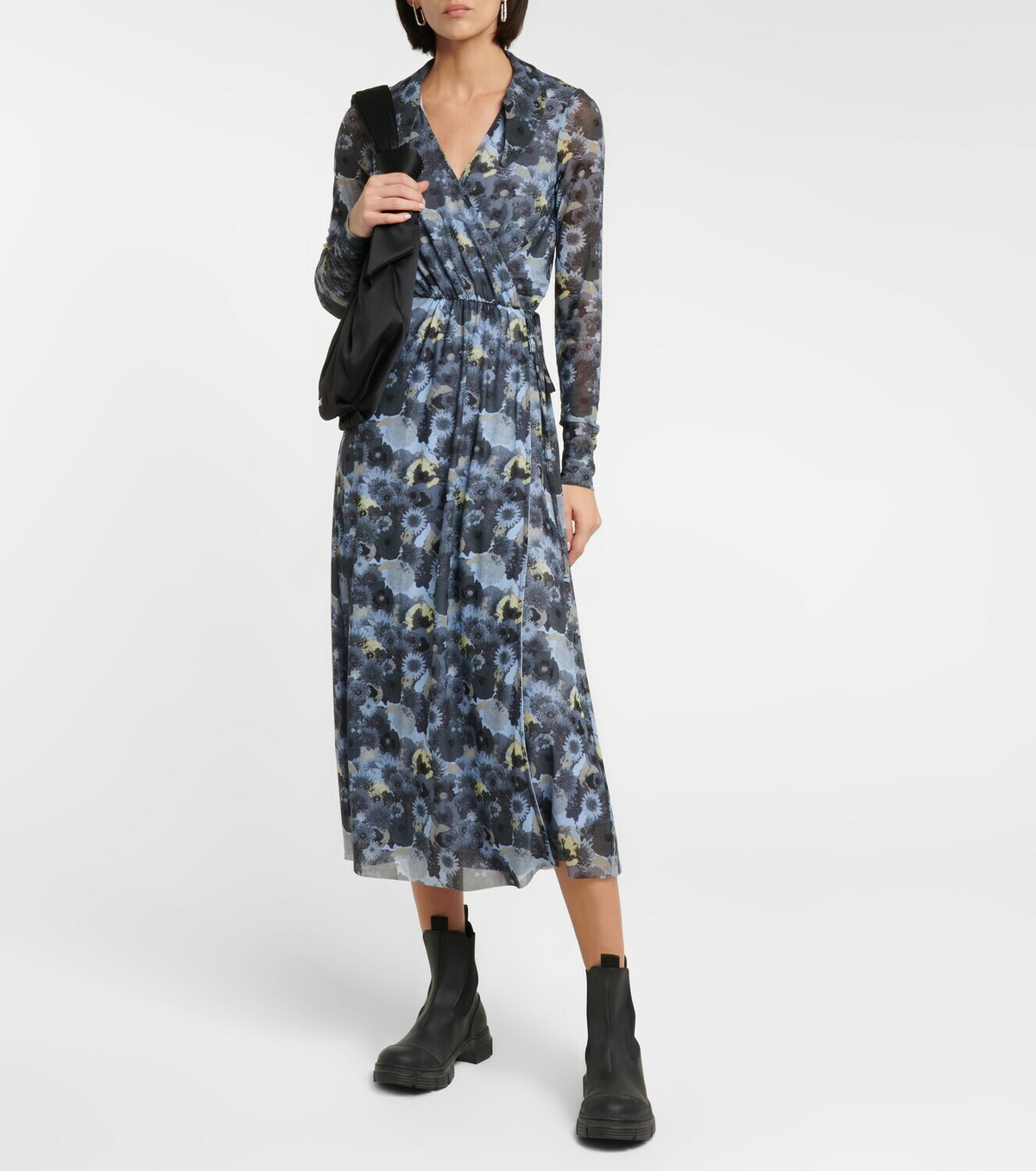 knee length dresses for ladies Ganni // Green & Multicolour Printed Ruched Mesh Dress – VSP Consignment main image 0