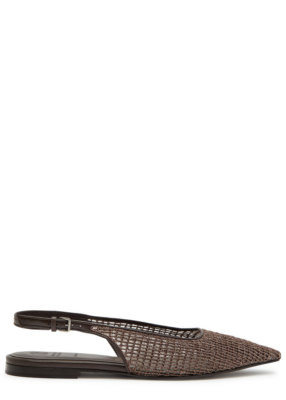 Brunello Cucinelli Bead-embellished Leather Slingback Flats Brown