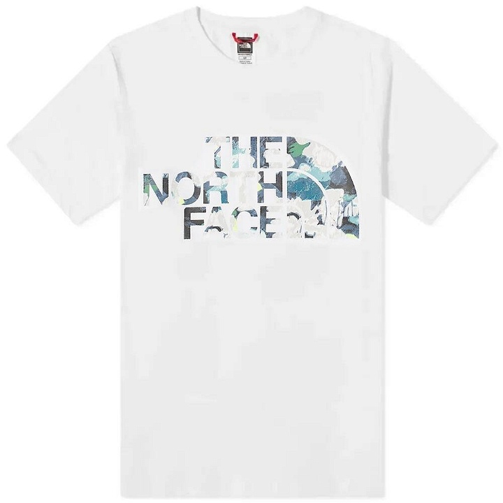 Photo: The North Face Men's Standard T-Shirt in Tnf White/Summit Navy Abstract Floral Print
