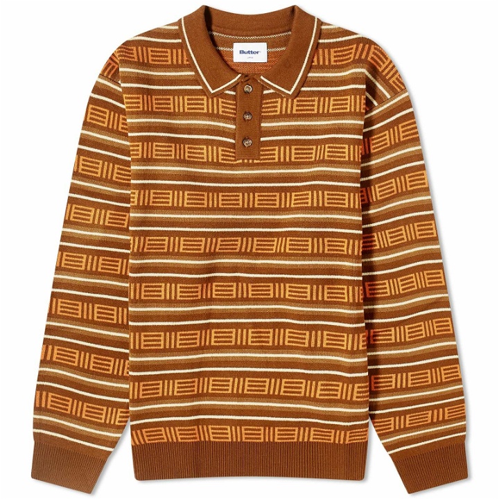 Photo: Butter Goods Men's Long Sleeve Knit Polo Shirt in Brown/Tan