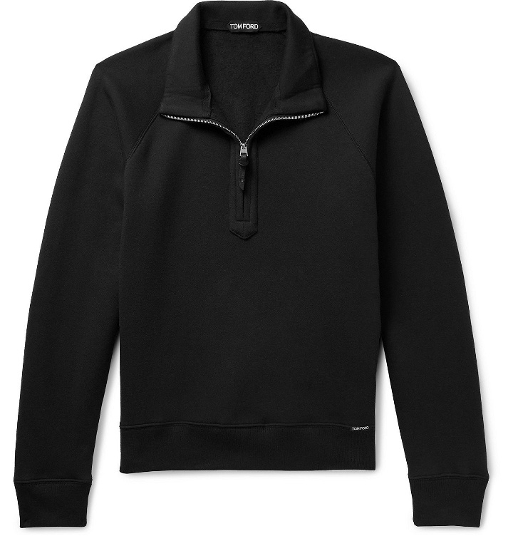 Photo: TOM FORD - Garment-Dyed Fleece-Back Cotton-Jersey Half-Zip Sweatshirt - Black