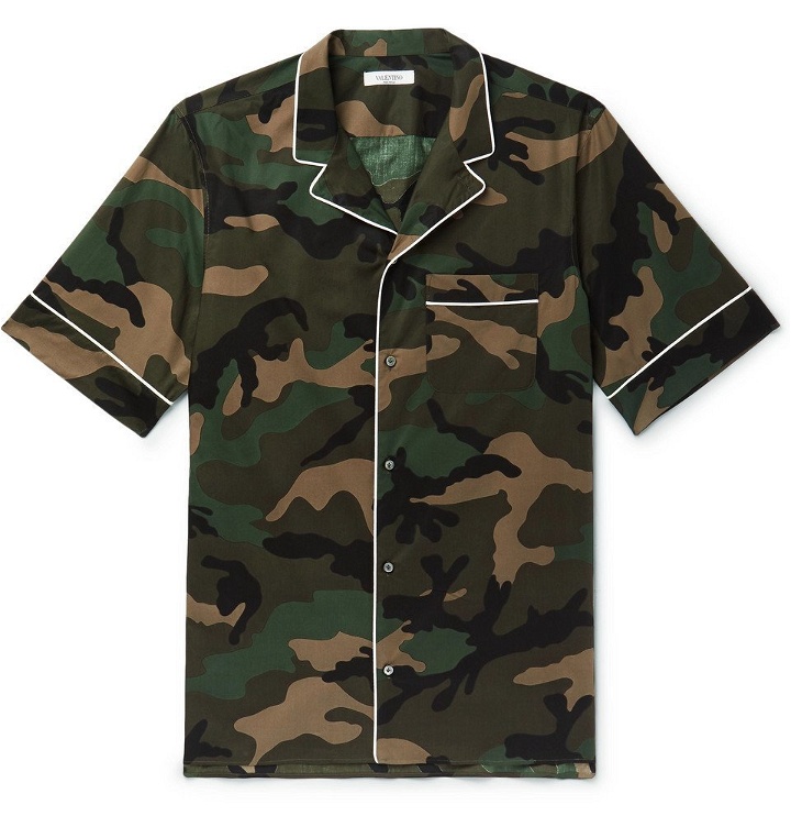 Photo: Valentino - Camp-Collar Piped Camouflage-Print Cotton-Poplin Shirt - Men - Green