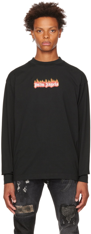 Photo: Palm Angels Black Burning Logo Classic Long Sleeve T-Shirt