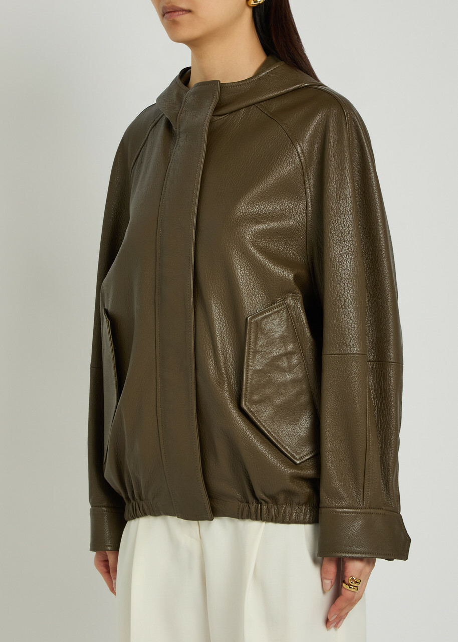Nour Hammour Hooded Grained Leather Jacket Dark Green