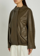 Nour Hammour Hooded Grained Leather Jacket Dark Green