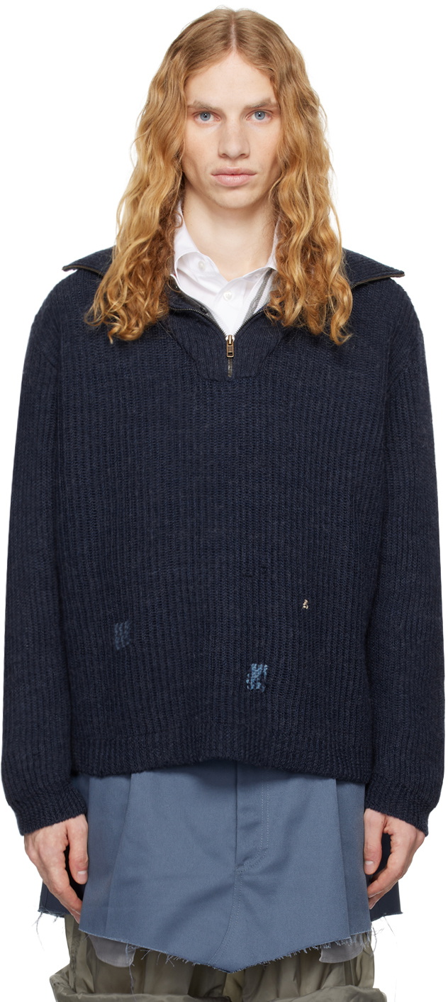 GWセール Martin Margiela⑩ sweat Maison Margiela: Navy Summer Shetland Knit Sweatshirt | SSENSE