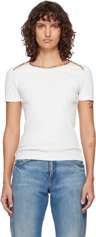 Photo: Burberry White Check Trim Stretch Cotton T-shirt