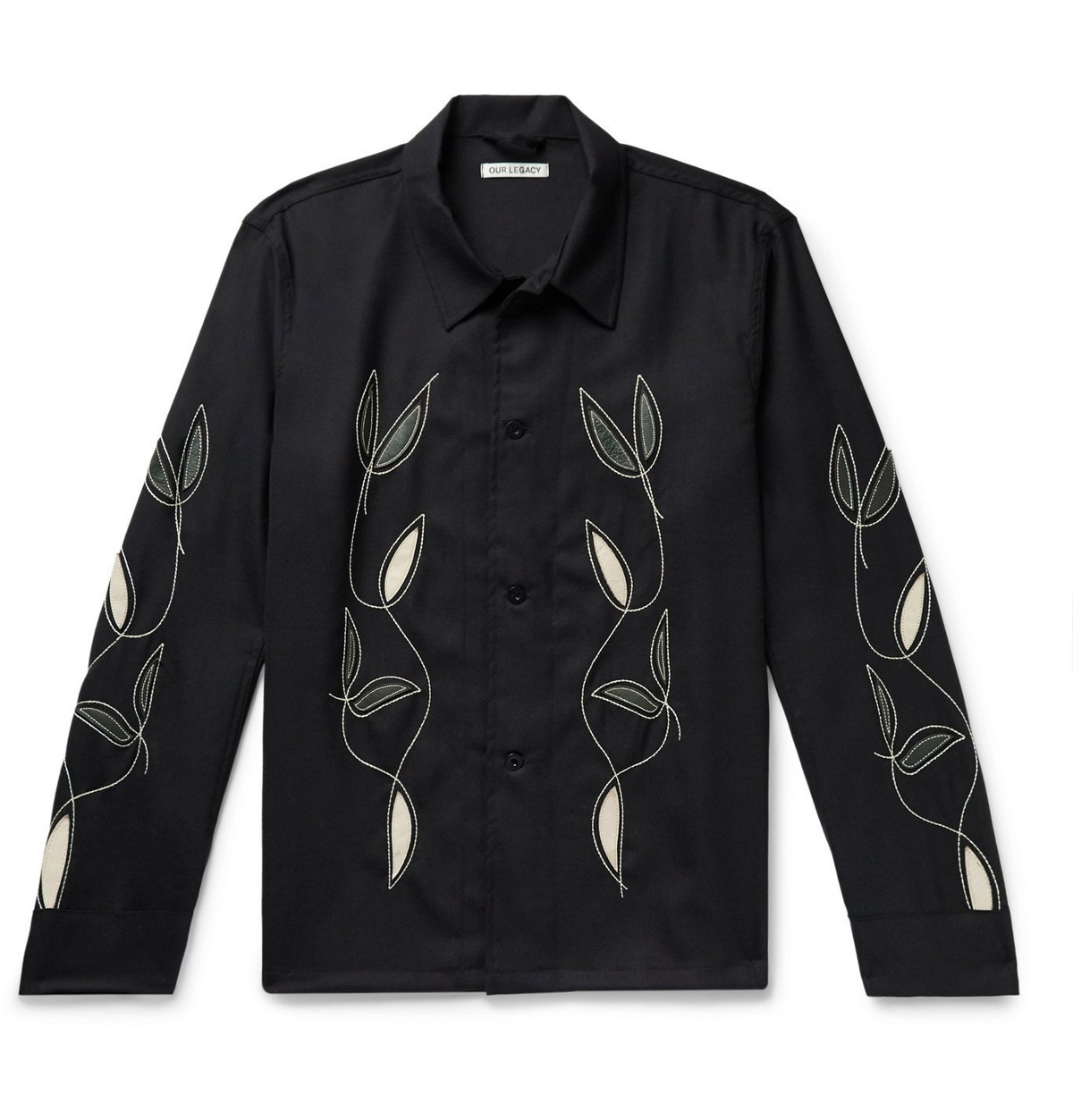 OUR LEGACY - Leather-Appliquéd Embroidered Wool Shirt - Black Our Legacy