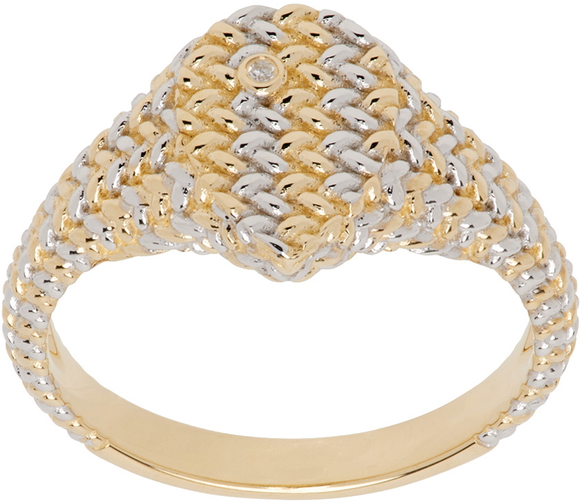 Yvonne Léon Gold & White Gold Baby Chevalière Poire Natte Ring