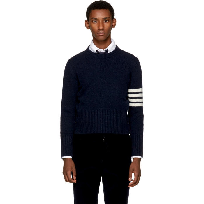 Photo: Thom Browne Navy Classic Four Bar Crewneck Pullover