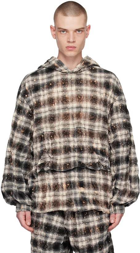 Photo: We11done Black & Off-White Crinkled Check Hoodie