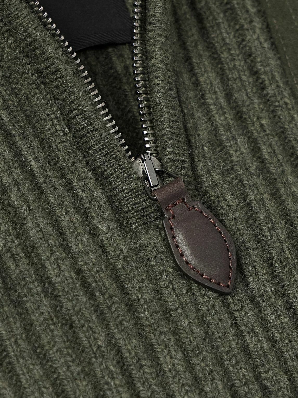 Purdey - Commando Suede-Trimmed Ribbed Wool Half-Zip Sweater - Green