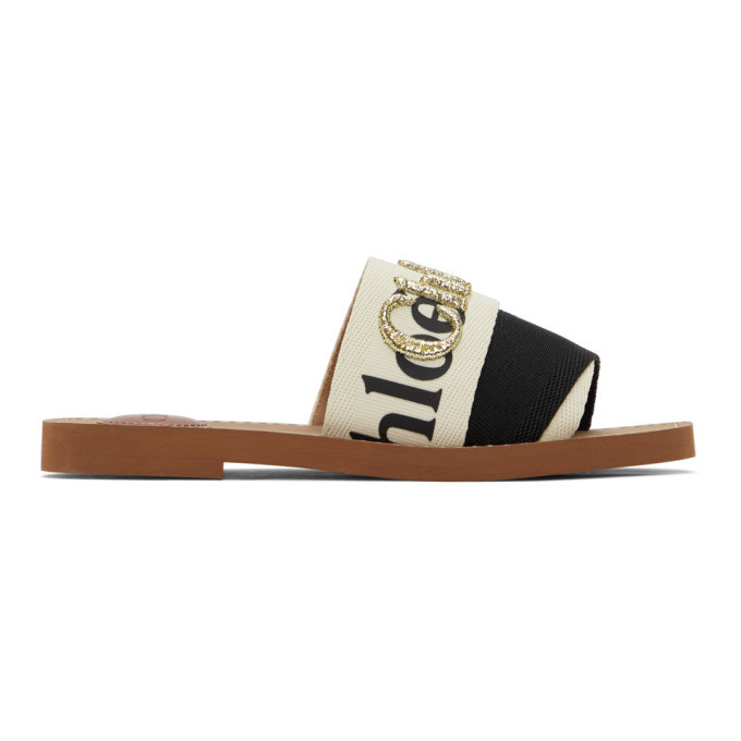 Chloe Off White and Black Woody Flat Mules Chloe