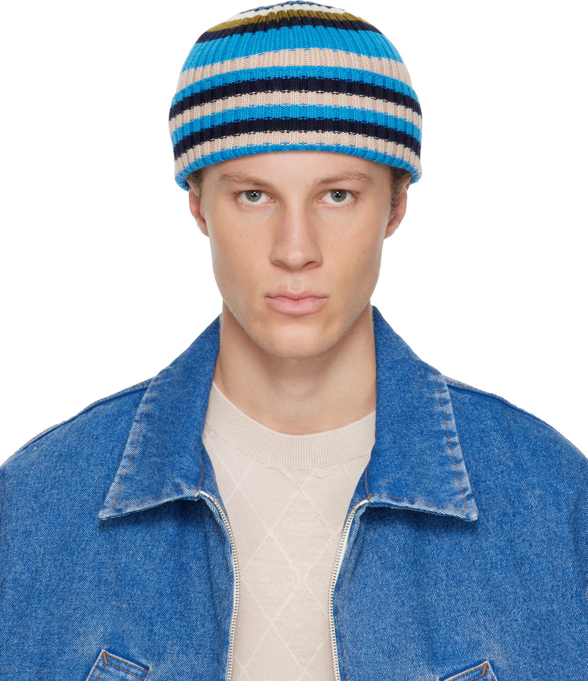 Marni Blue Striped Ribbed Beanie