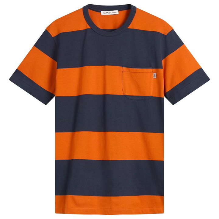 Photo: YMC Men's Wild Ones Block Stripe T-Shirt in Navy/Spice