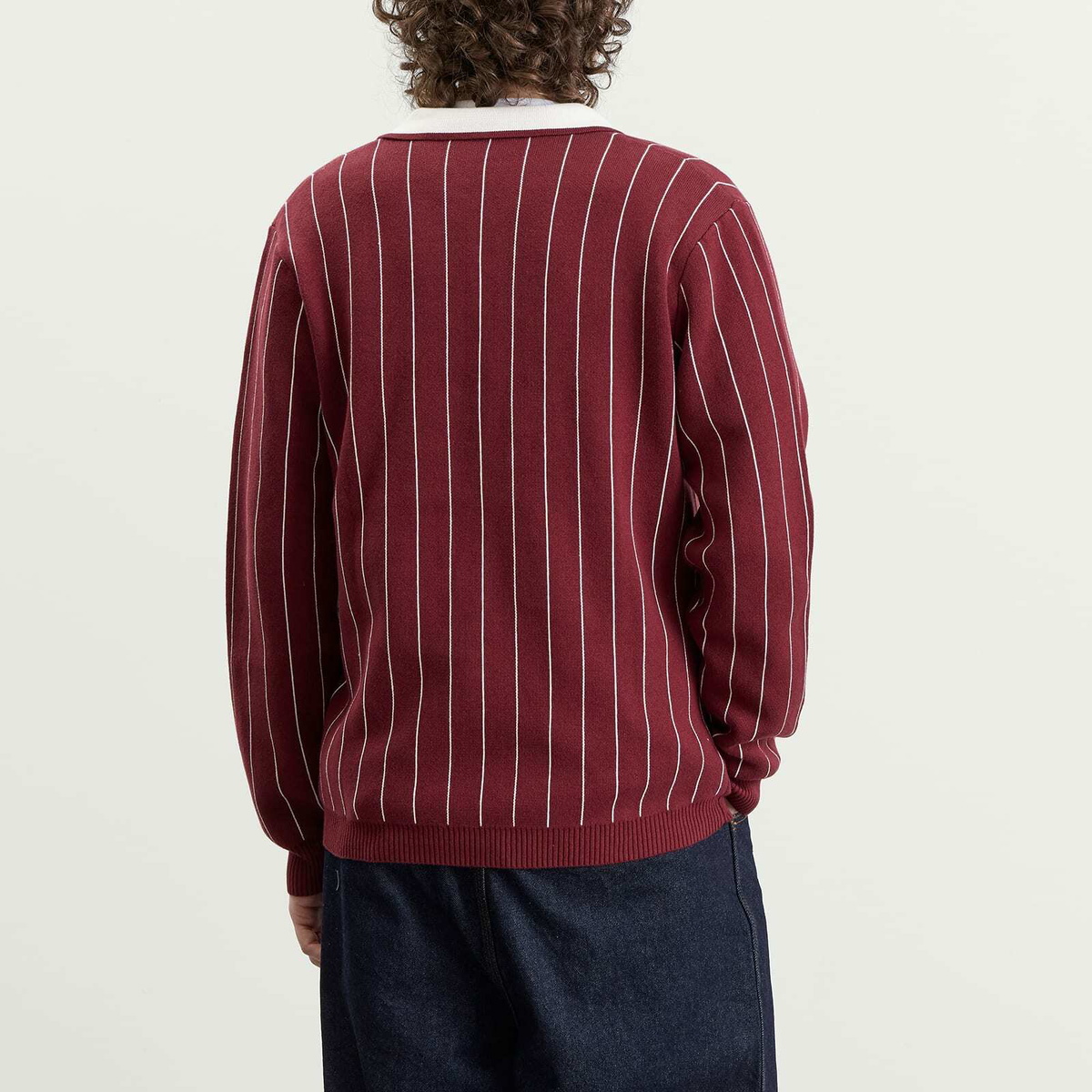 Les Deux Men's Signature Knitted Long Sleeve Polo in Chocolate Truffle Red