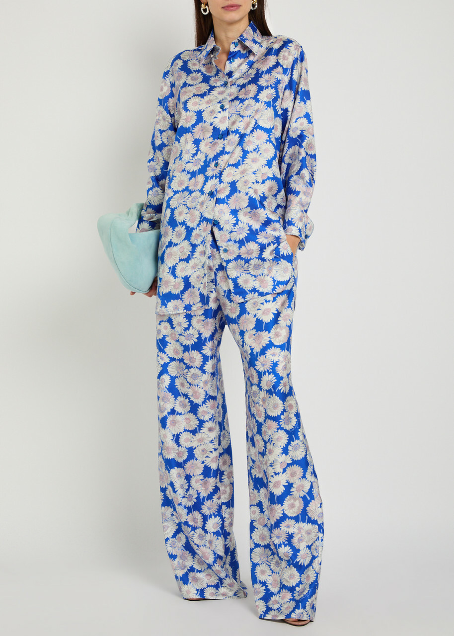 Stella Mccartney Daisy Floral-print Straight-leg Silk Trousers Blue