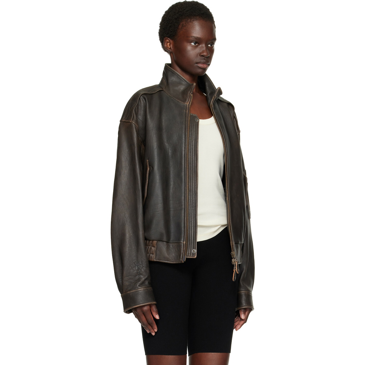 COOR Brown Vintage Shelter Neck Collar Leather Jacket