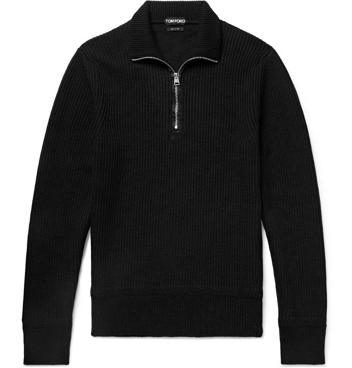 Photo: TOM FORD - Slim-Fit Ribbed Merino Wool and Cashmere-Blend Half-Zip Sweater - Black