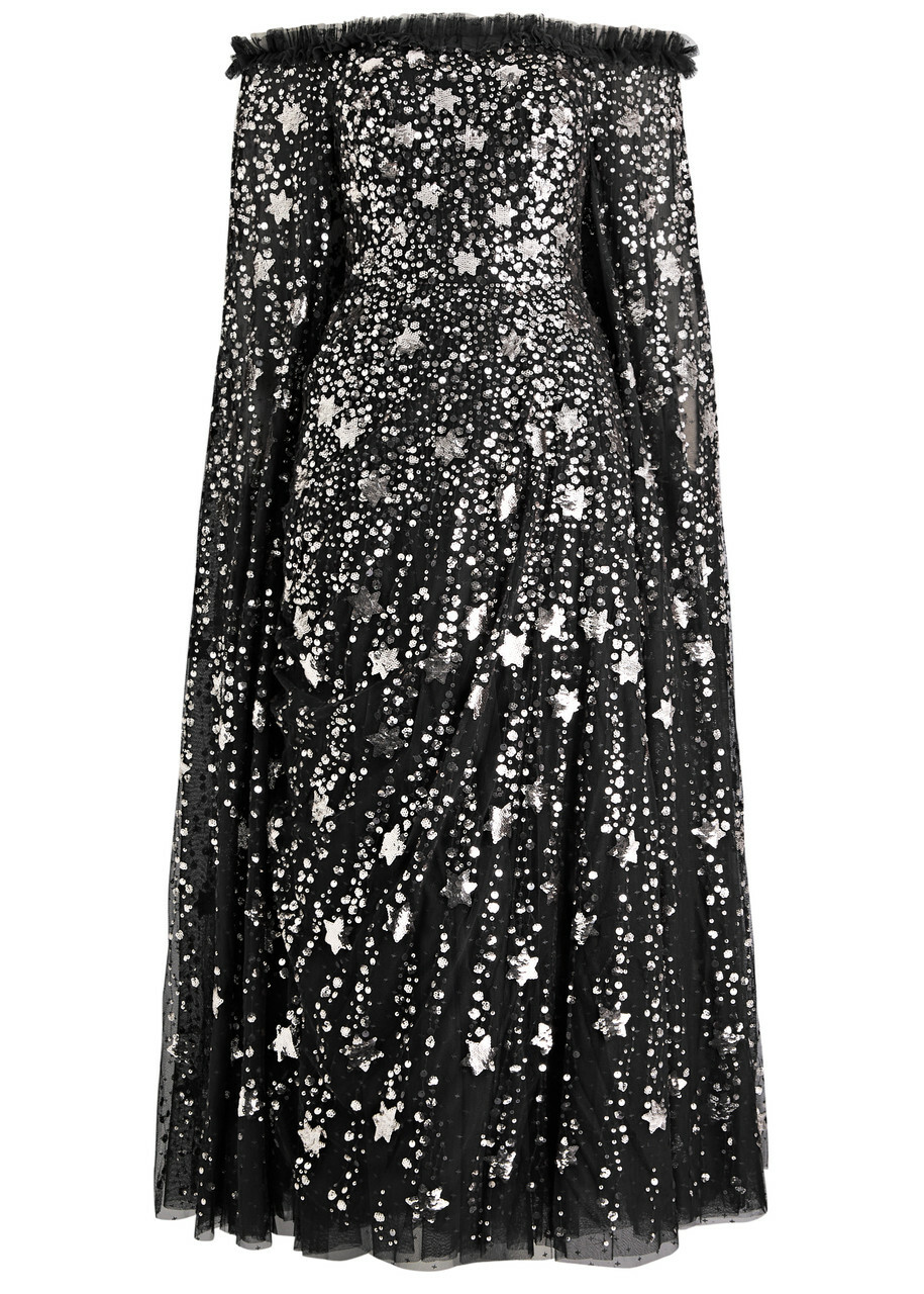 Needle & Thread Shooting Stars Embellished Tulle Cape Gown Gunmetal