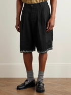 Kartik Research - Straight-Leg Pleated Embroidered Linen Shorts - Black