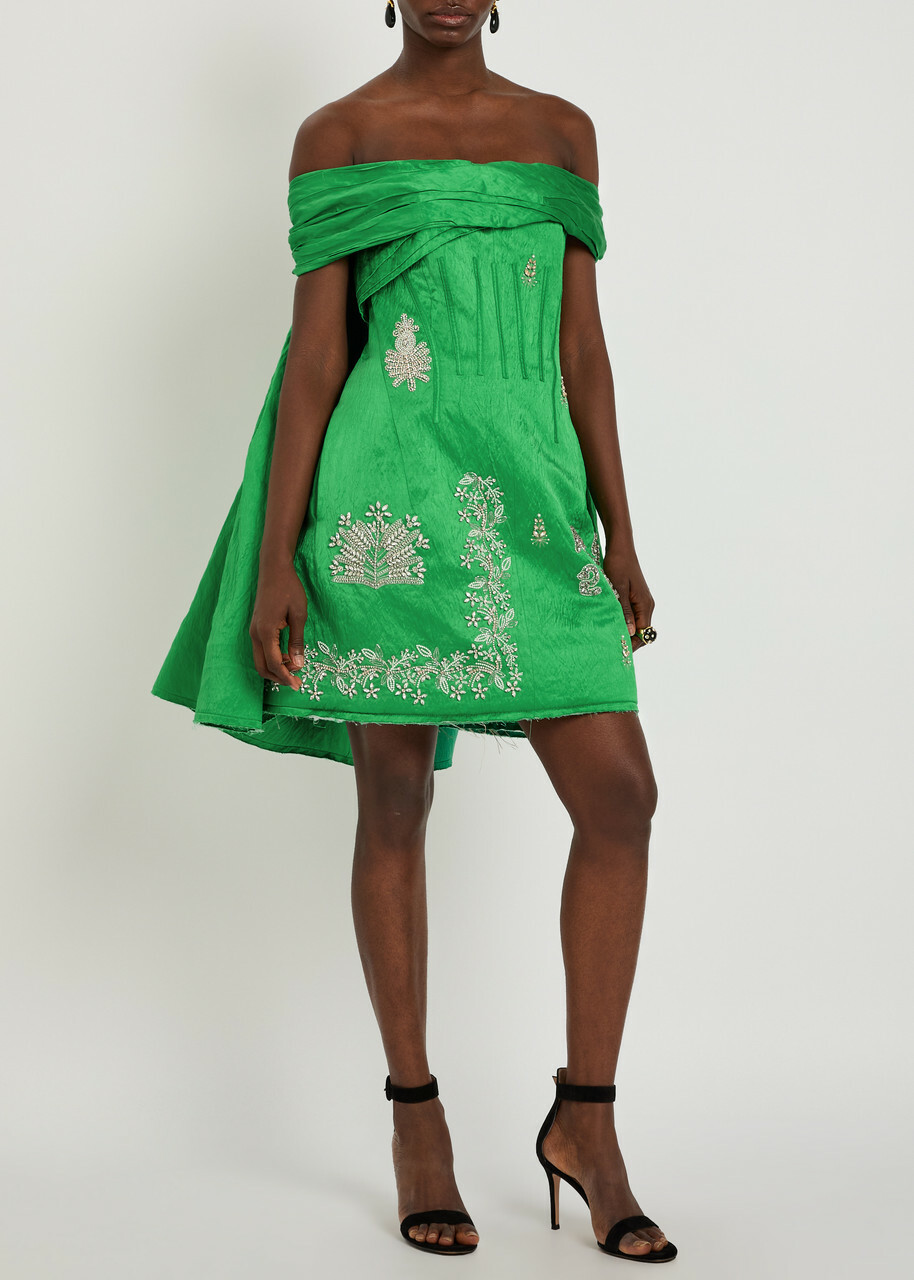 Erdem Embellished Off-the-shoulder Crinkled Satin Mini Dress Green