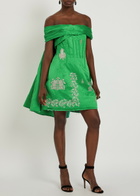Erdem Embellished Off-the-shoulder Crinkled Satin Mini Dress Green