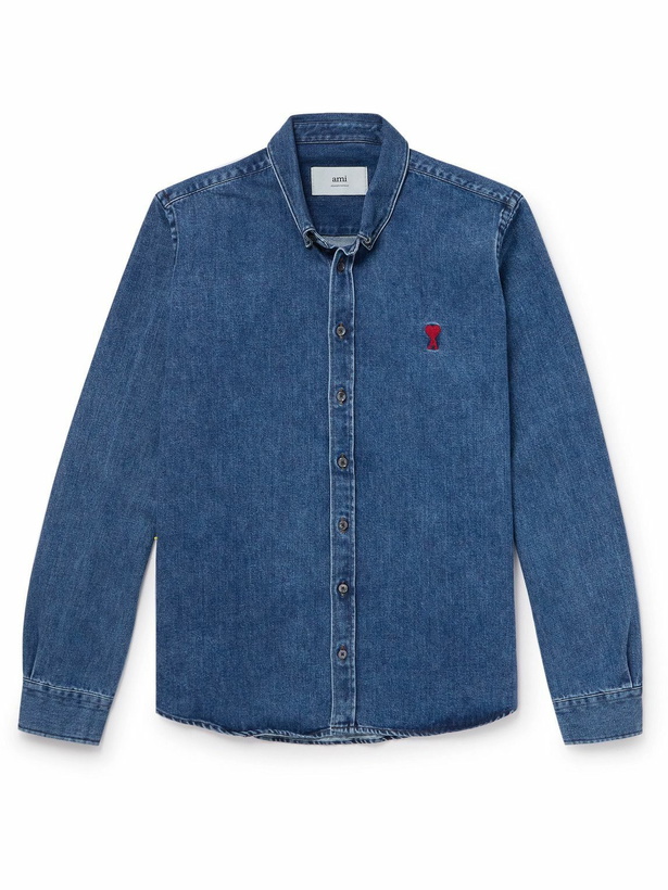 Photo: AMI PARIS - ADC Button-Down Collar Logo-Embroidered Denim Shirt - Blue