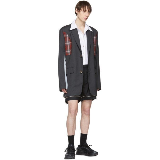 Chin Mens Grey Pinstripe Patchwork Jacket