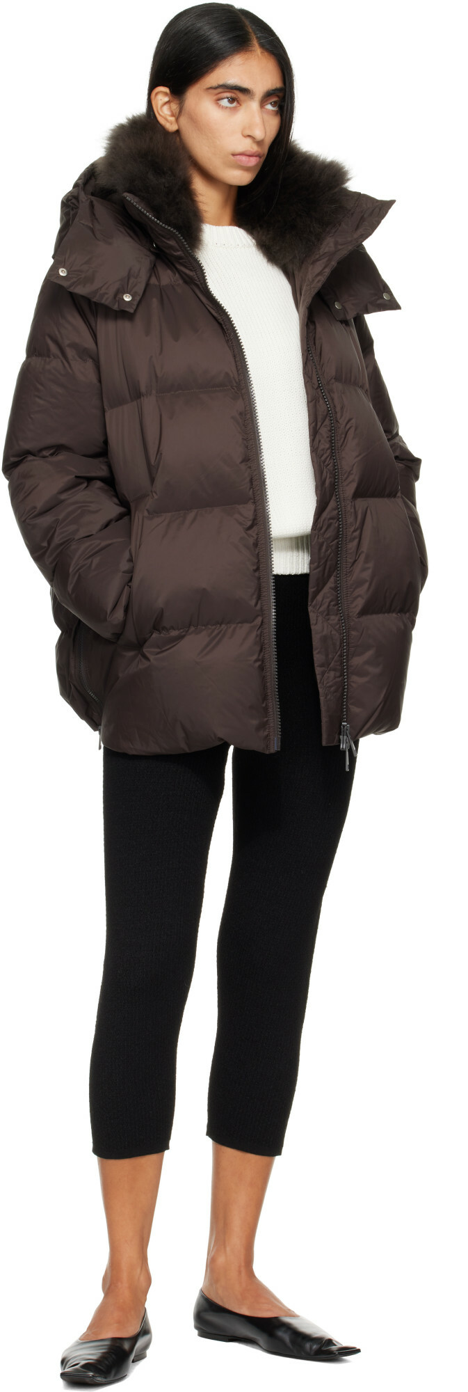 Yves Salomon Brown Waterproof Technical Lambswool Trim A-Line Down Jacket
