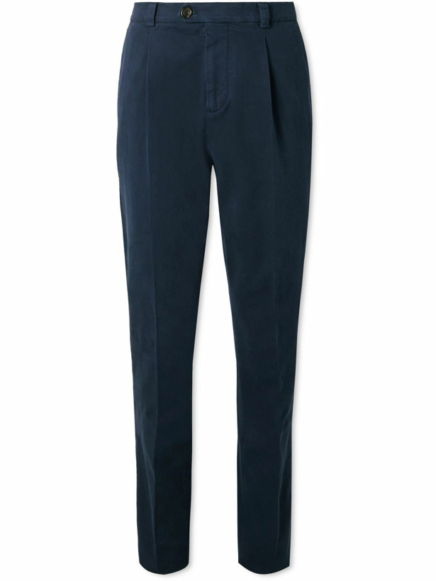 Photo: Brunello Cucinelli - Tapered Pleated Cotton-Blend Twill Trousers - Blue
