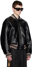 Dries Van Noten Black Crinkled Faux-Leather Bomber Jacket