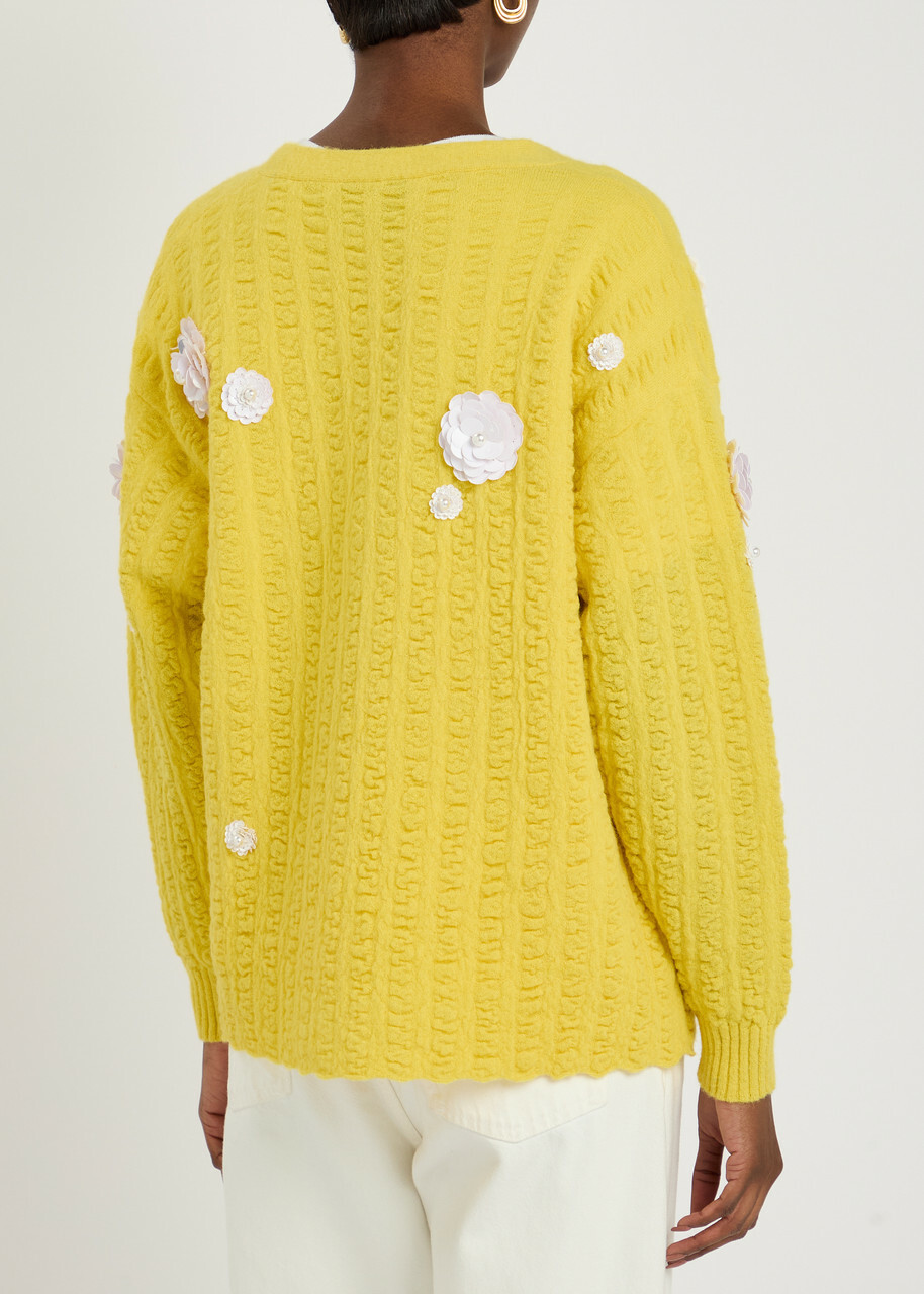 Bernadette Cammi Floral-embellished Wool-blend Cardigan Yellow
