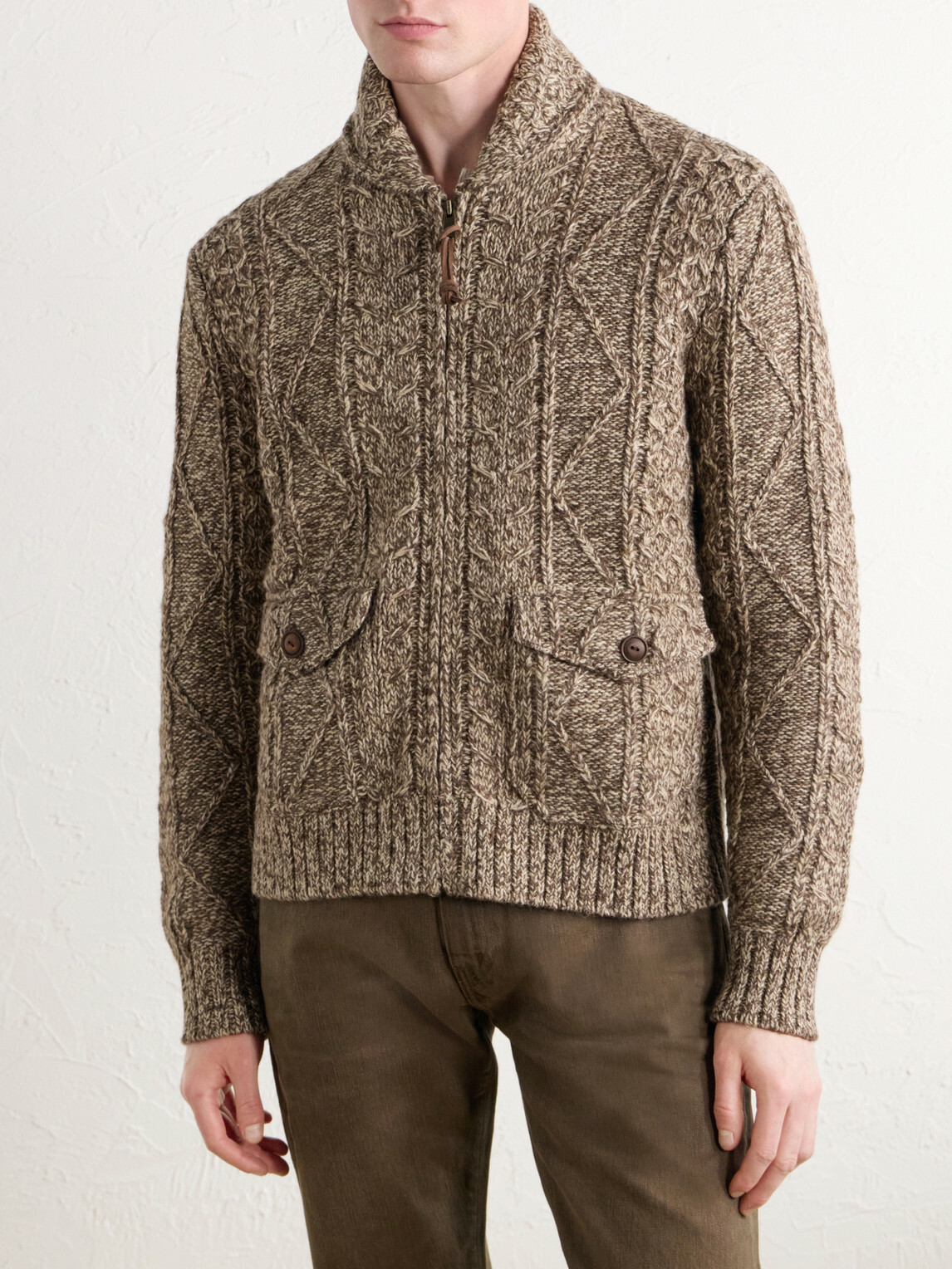 RRL - Shawl-Collar Aran Cable-Knit Wool, Cotton and Linen-Blend Zip-Up Cardigan - Brown