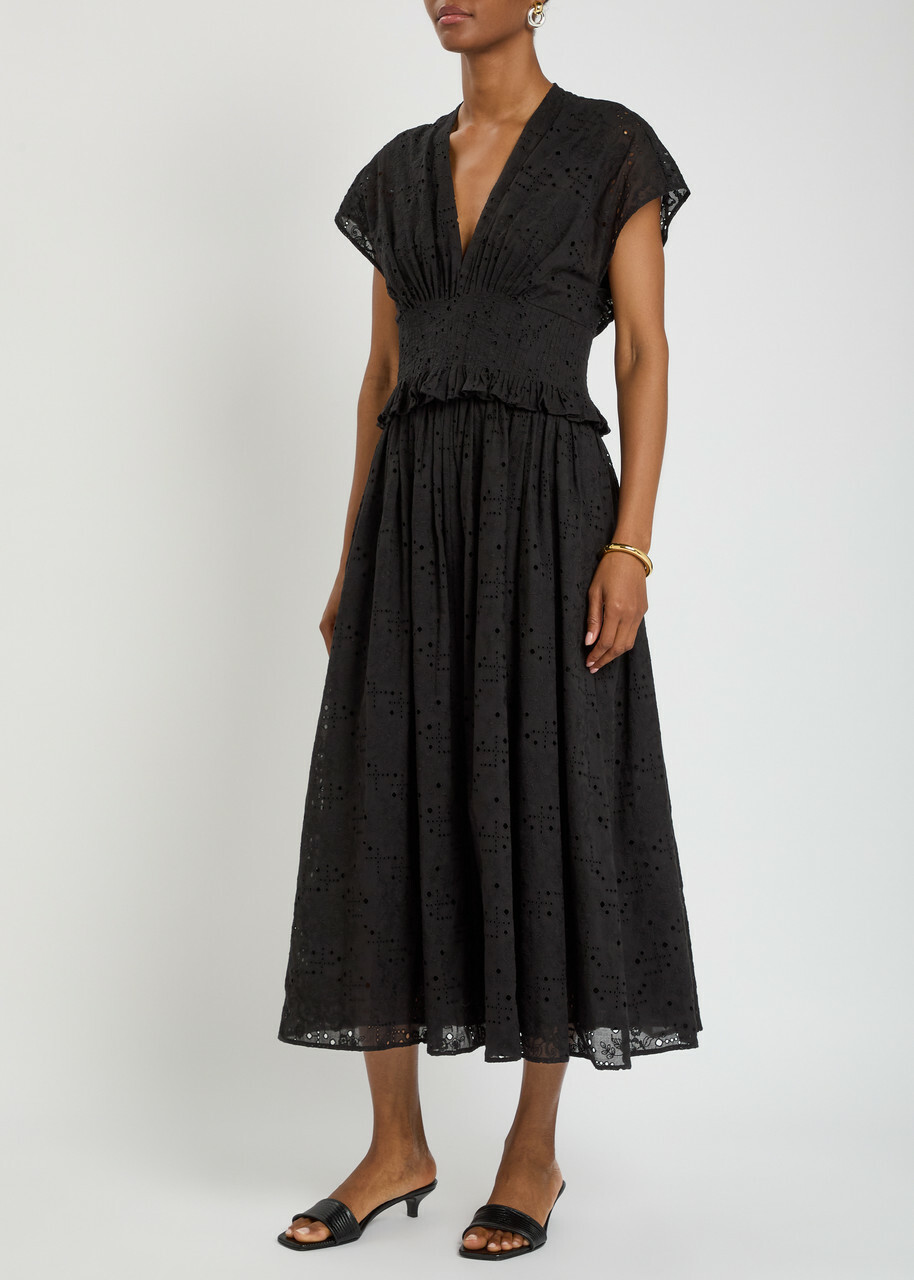 Tory Burch Embroidered Cotton Midi Dress Black