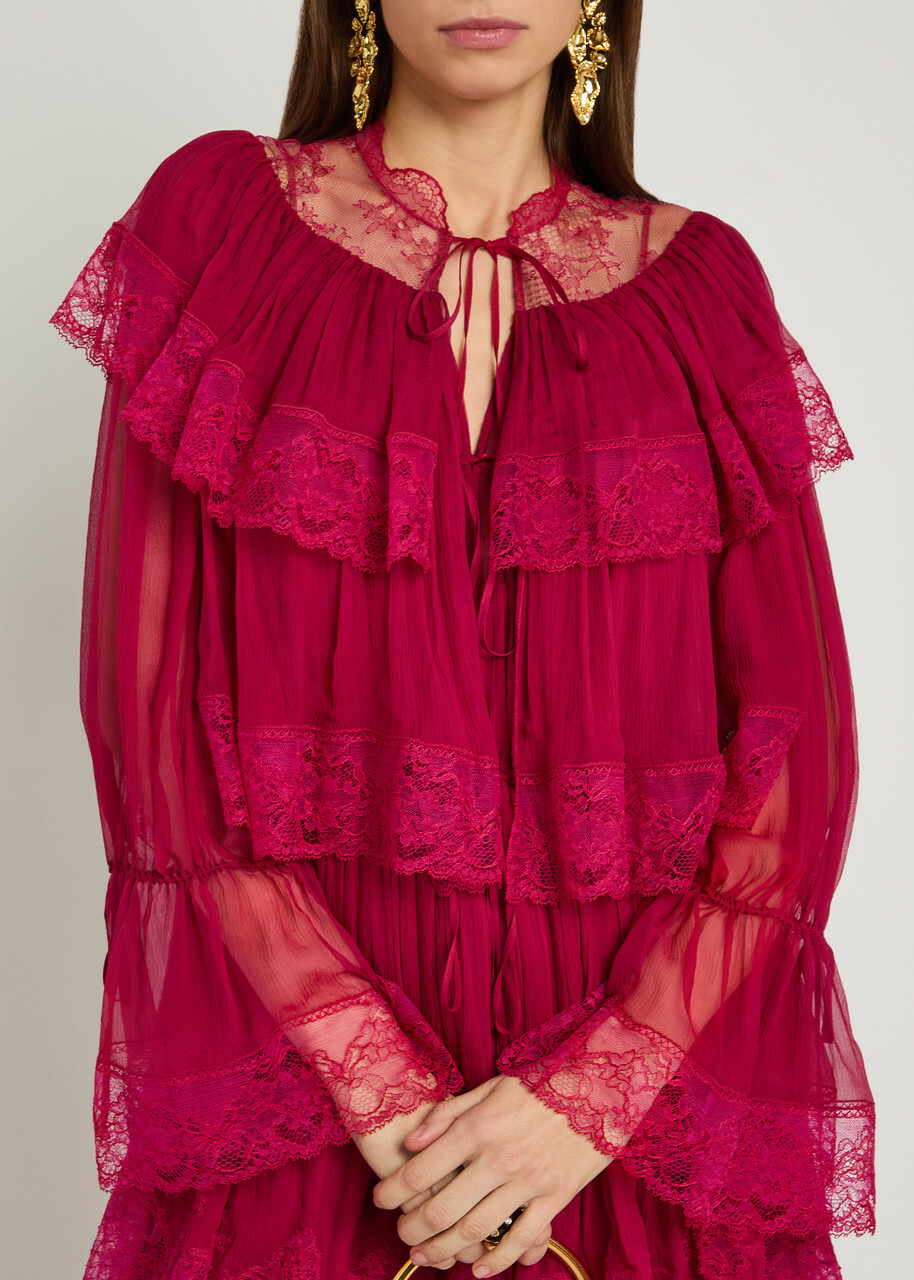 Chloe Ruffled Lace-trim Tiered Silk Maxi Dress Pink