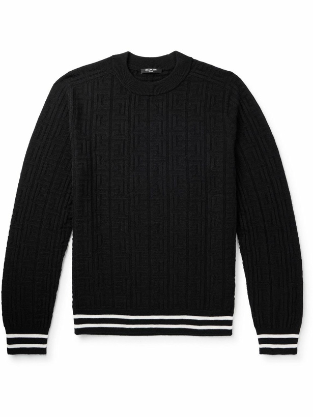 Photo: Balmain - Striped Monogrammed Merino Wool Sweater - Black