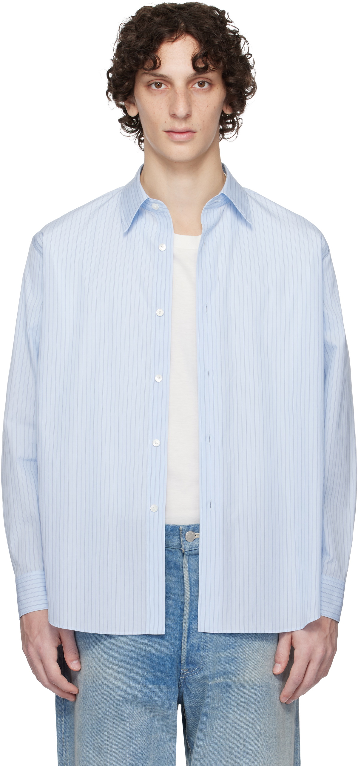 AURALEE Blue Suvin High Count Cloth Stripe Shirt Auralee