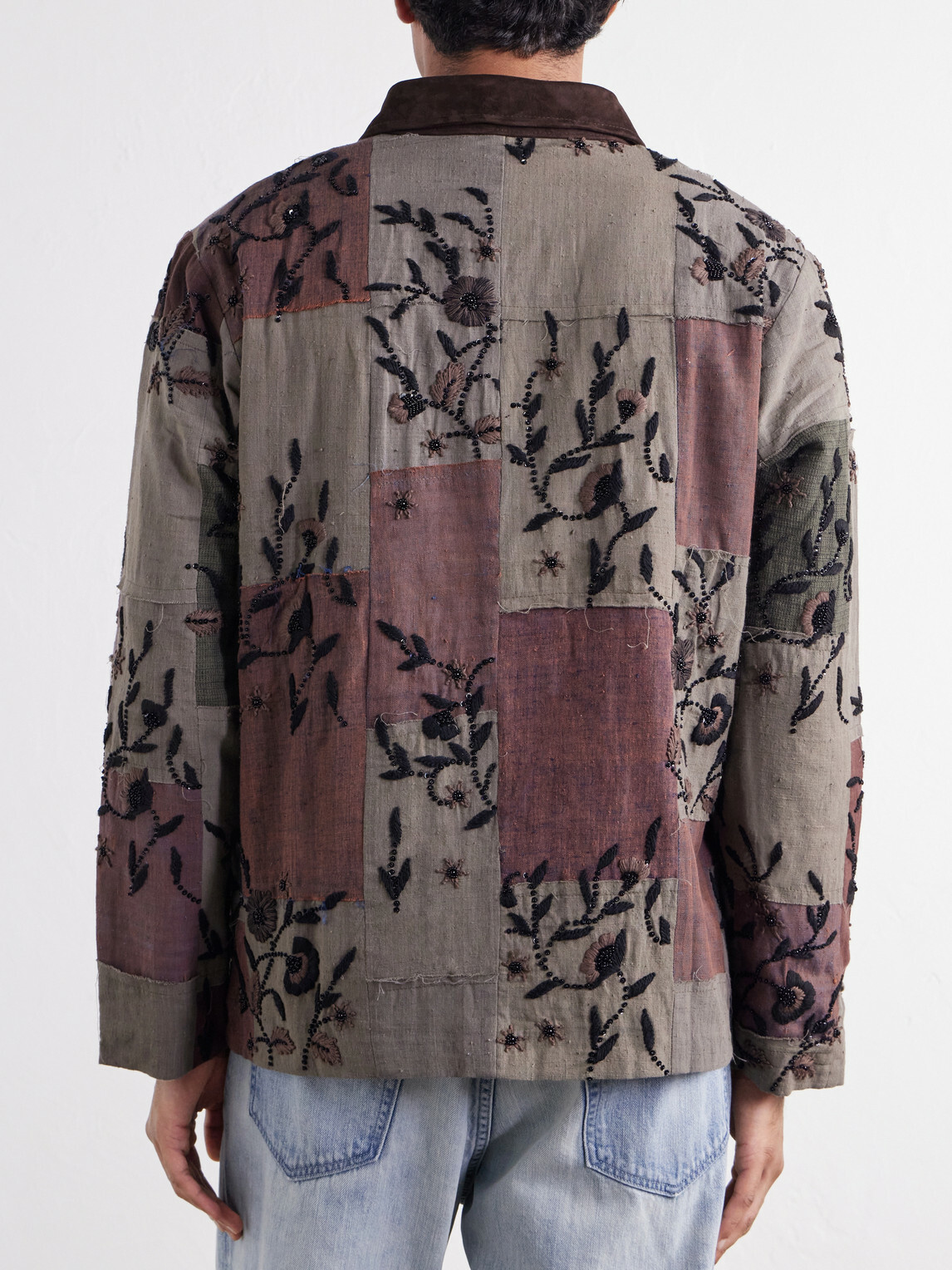 Kartik Research - Embroidered Patchwork Suede-Trimmed Cotton Chore Jacket - Green