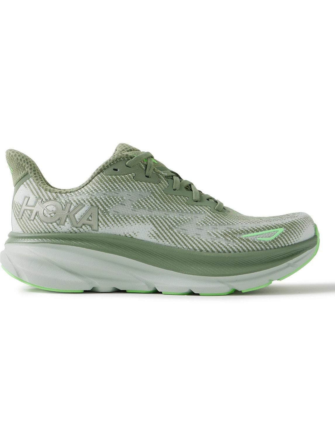 Hoka One One - Clifton 9 Rubber-Trimmed Mesh Running Sneakers - Green ...