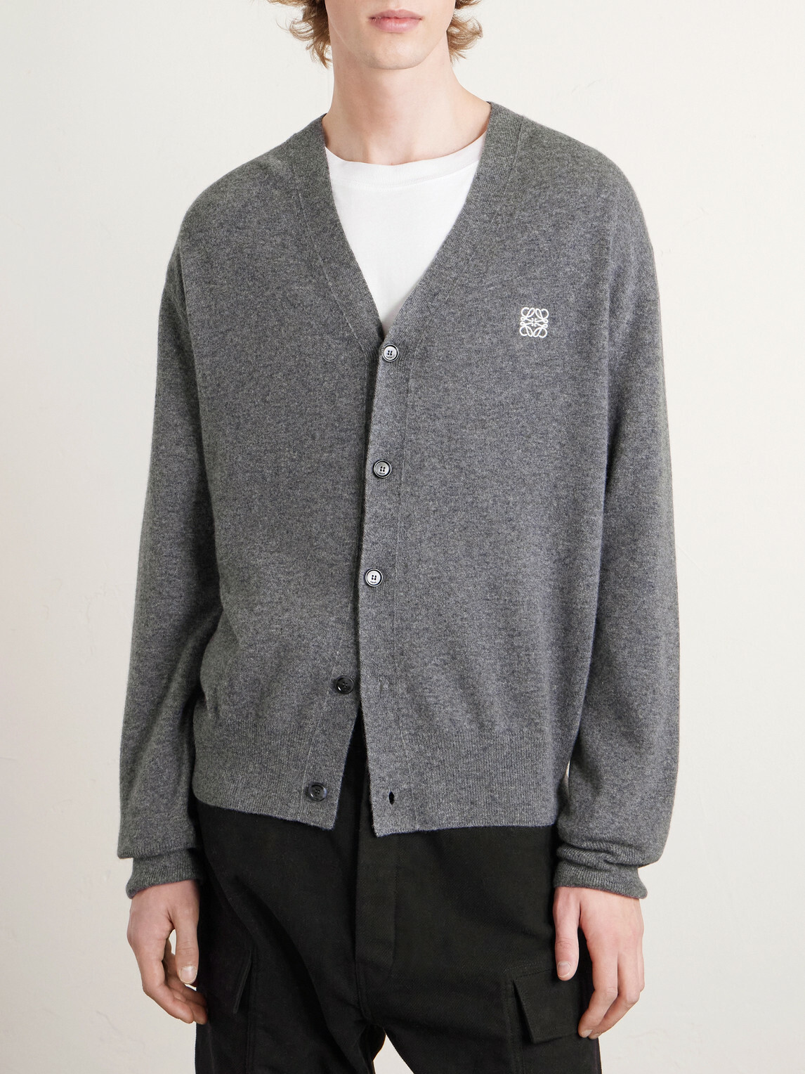 LOEWE - Logo-Embroidered Wool-Blend Cardigan - Gray