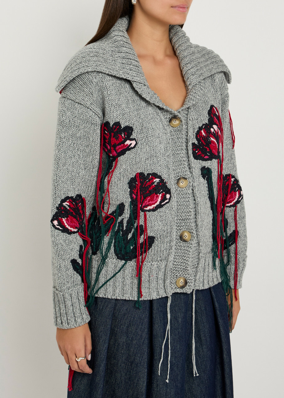 Erdem Embroidered Wool and Cotton-blend Cardigan Grey