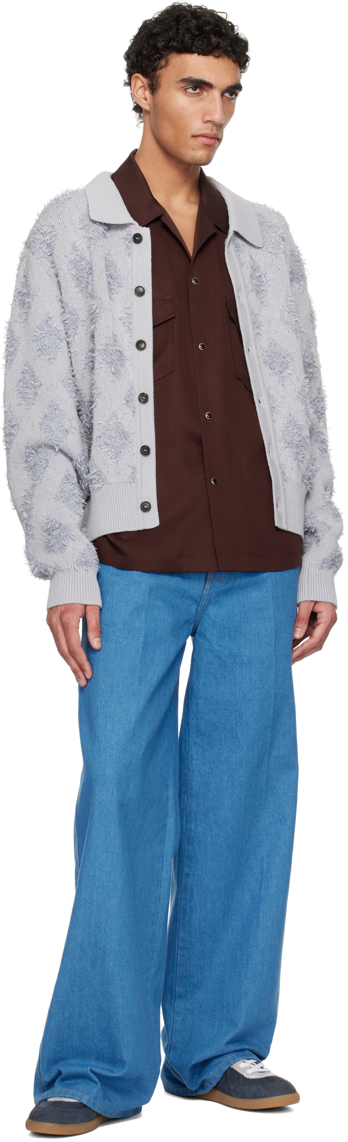 RECTO Gray Fringe Jacquard Knit Cardigan