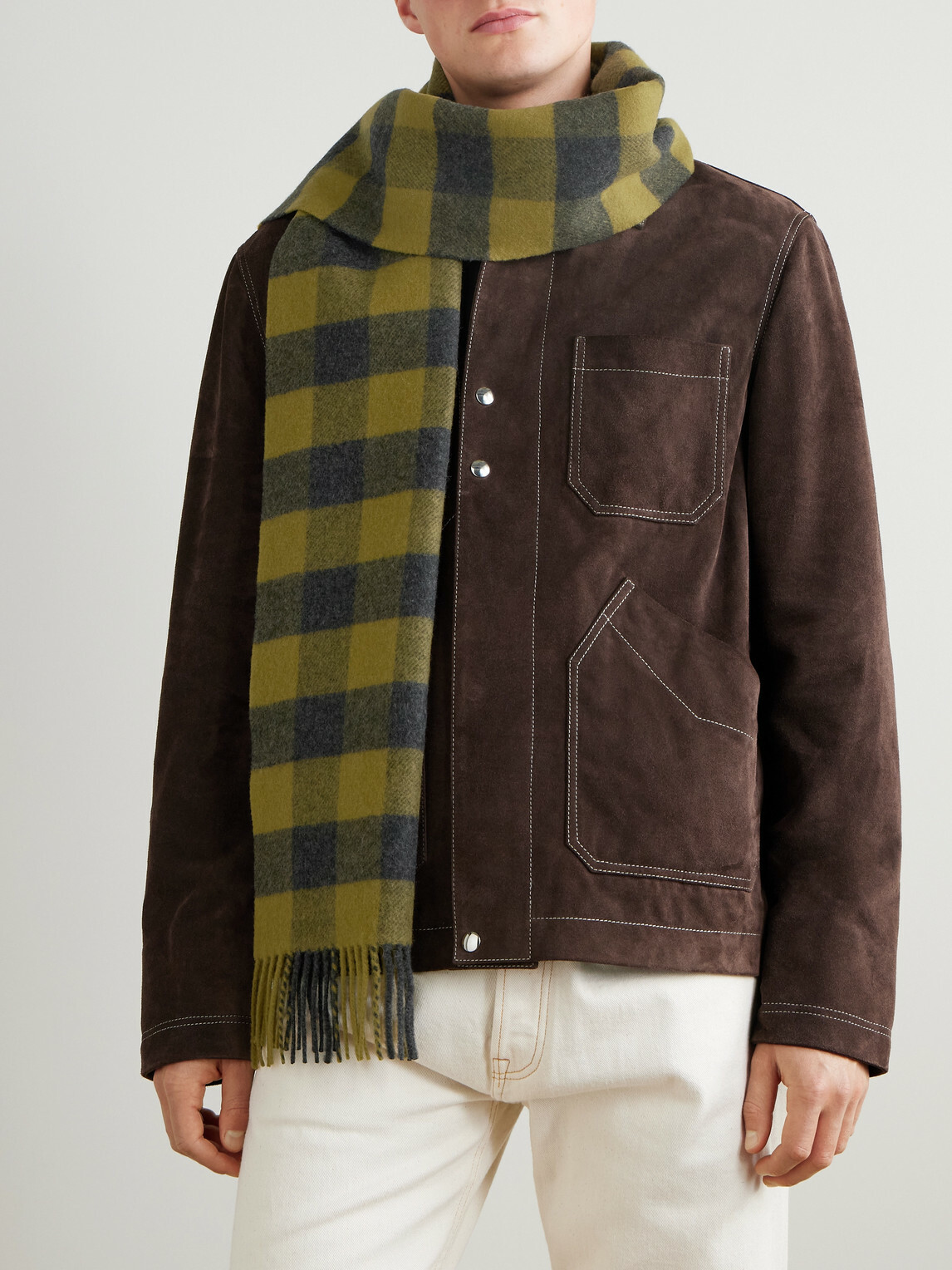 Mr P. - Logo-Appliquéd Fringed Checked Wool and Cashmere-Blend Scarf