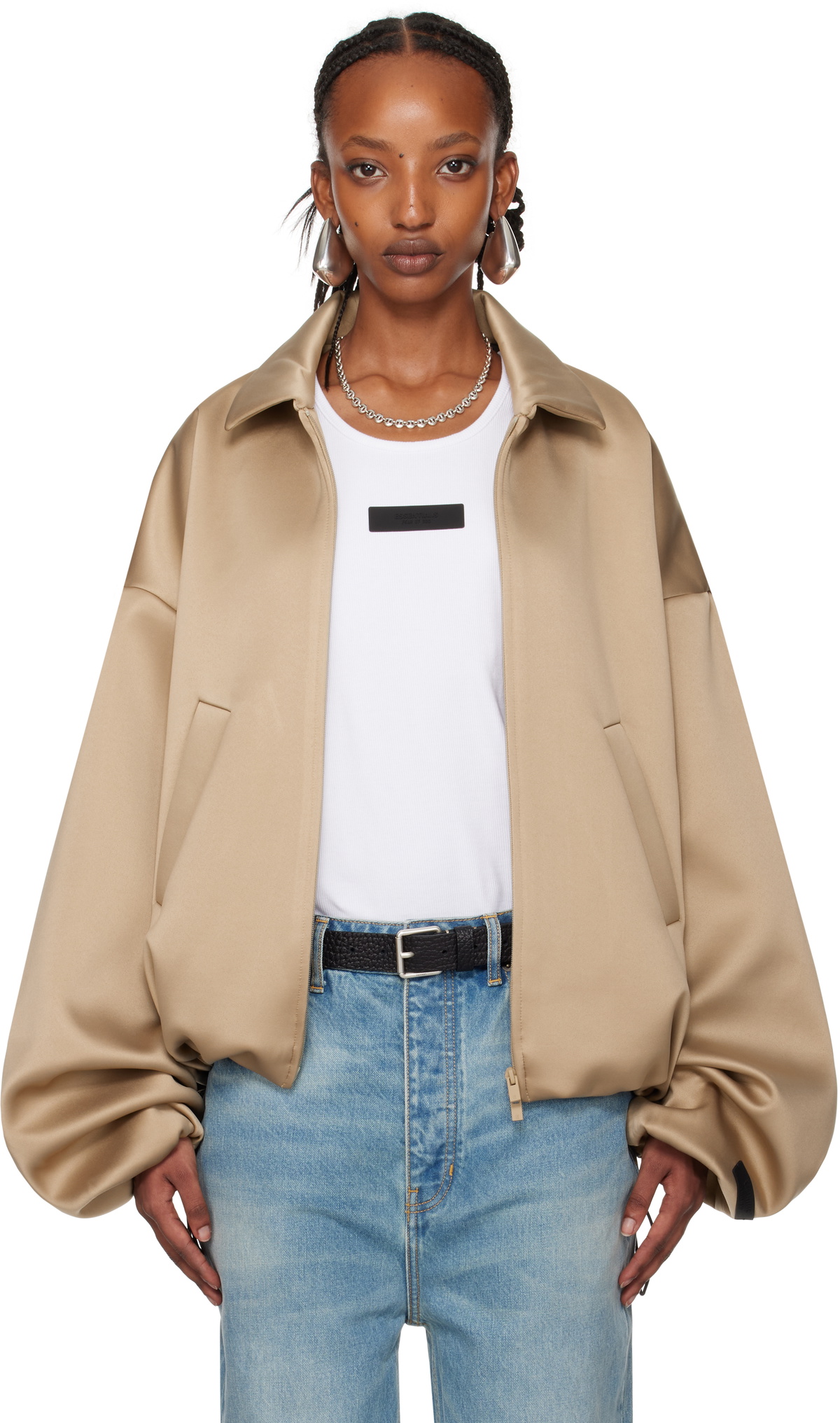 Fear of God ESSENTIALS Beige Satin Bomber Jacket Fear Of God