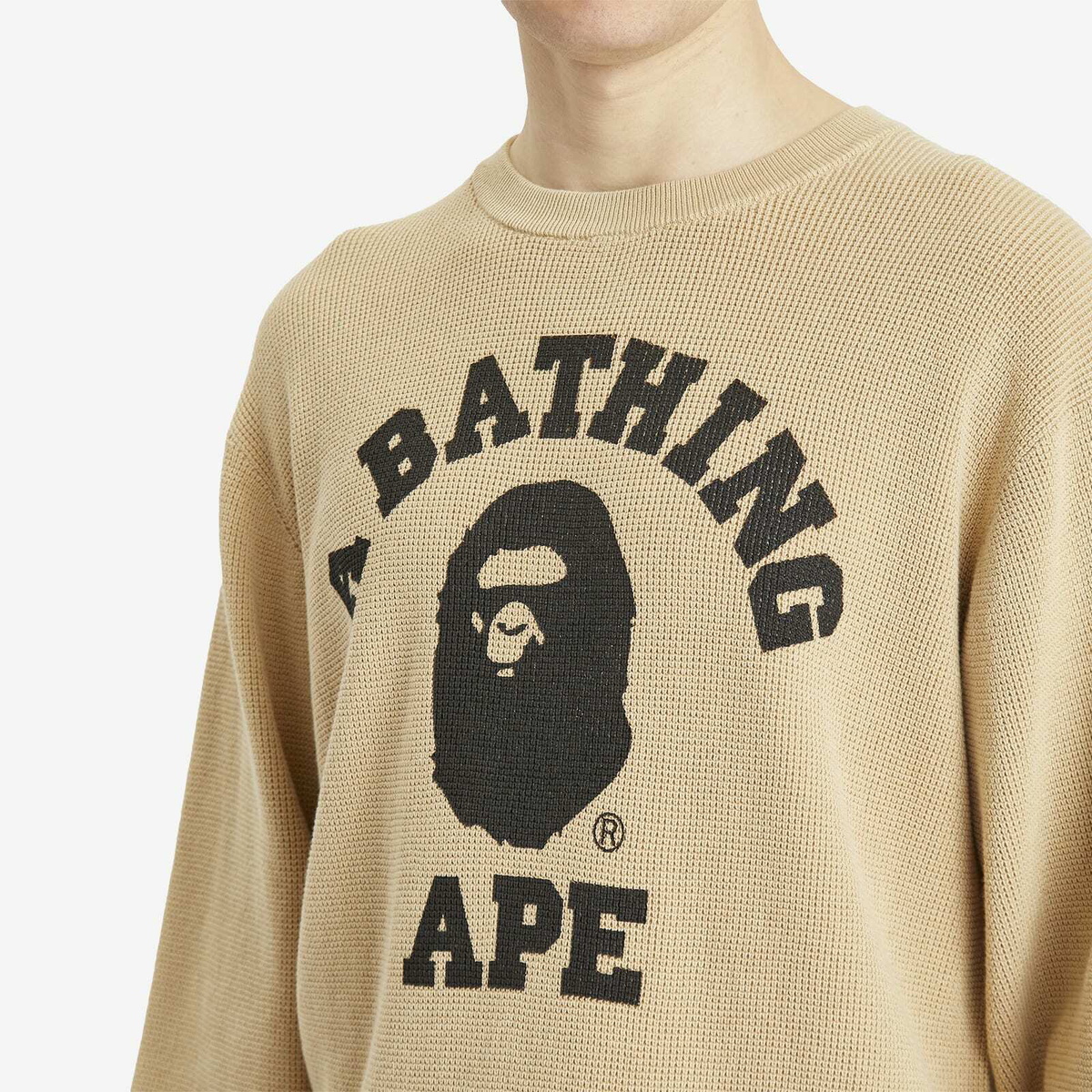 A Bathing Ape Men's College Waffle Crewneck Sweater in Beige