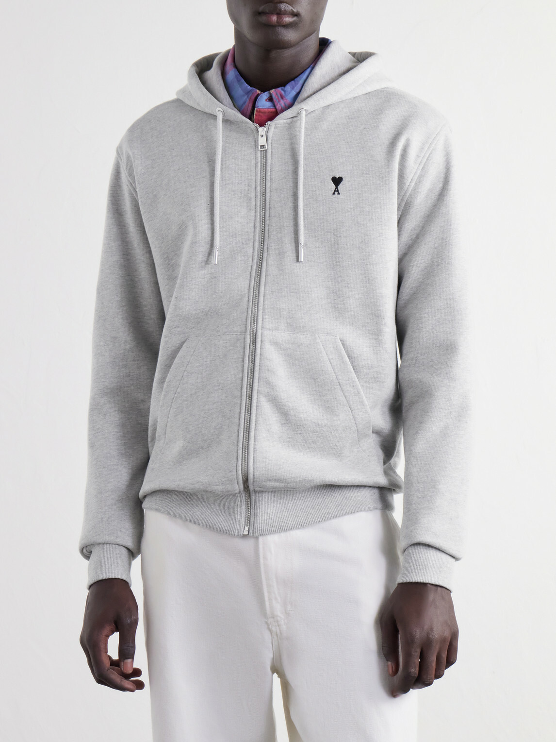 AMI PARIS - Logo-Embroidered Cotton-Jersey Zip-Up Hoodie - Gray